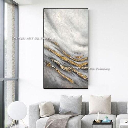 100% Handmade Modern Grey Canvas Oil Paintings Wall Picture Abstract Gold Foil Home Decor Artwork