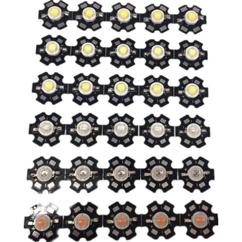 100pcs 1W 3W High Power white 6000K warm white 3000k red 620 green 520 Blue 460 Royal blue 660nm UV LED with 20mm star pcb