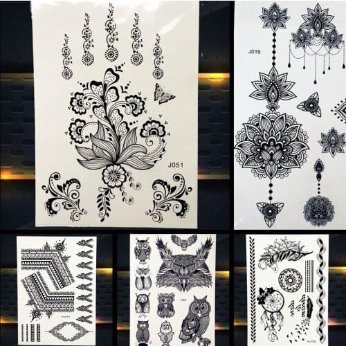 25 Designs Black Ink Mehndi Temporary Tattoo Henna Paste Waterproof Fake Tattoo Women Body Art Lace Flower Arm Tatoo Sticker