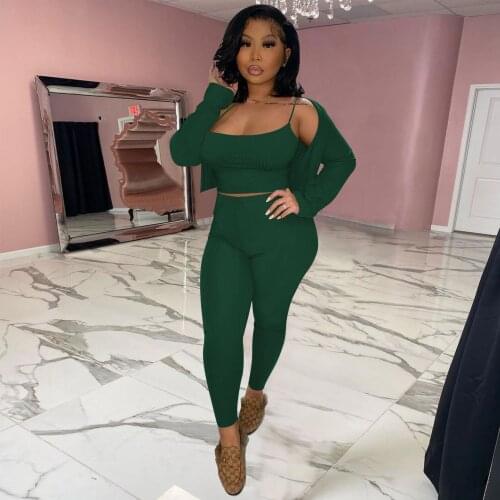 2021 Best Quality Famous Brand 3 pcs Women Set Solid Outwear Spaghetti Strap Short Tops Long Pants Autumn Casual Outfits