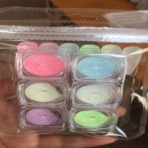 6 Jars Sugar Nail Powder Glitter Glow In Dark Nail Dust Powder Laser Sandy Nail Pigment Fluorescent Effect Luminous Powder BZY88