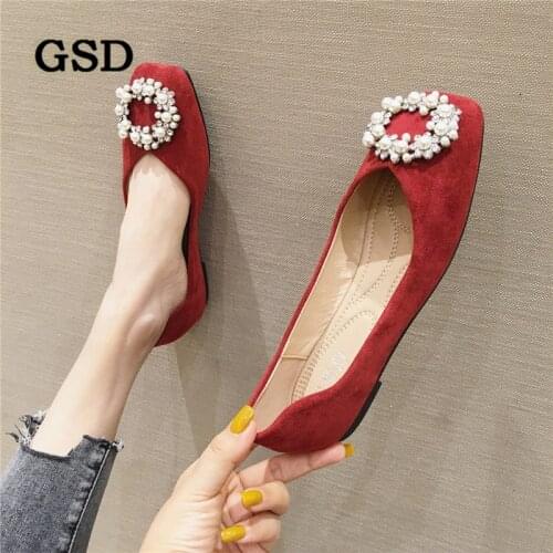 Brand Women Shoes Fashion Crystal Pearl Ballet Flats Square Toe Flock Leather Loafers Spring Autumn Ladies Flat Shoes