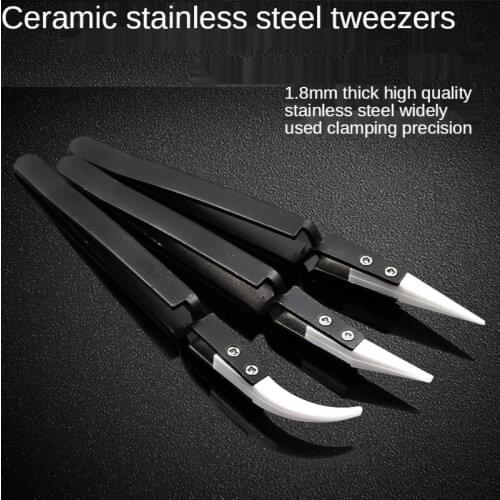 Black Handle Clamping Ceramic Tweezers Stainless Steel Contrast Tweezers Antimagnetic Acid Precision Clamping Tip Elbow