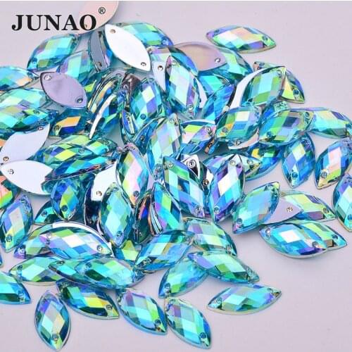 JUNAO 7x15mm Aqua Blue AB Crystal Sew On Horse Eye Rhinestone Applique Sewing Acrylic Gems Flatback Strass Beads for Clothes