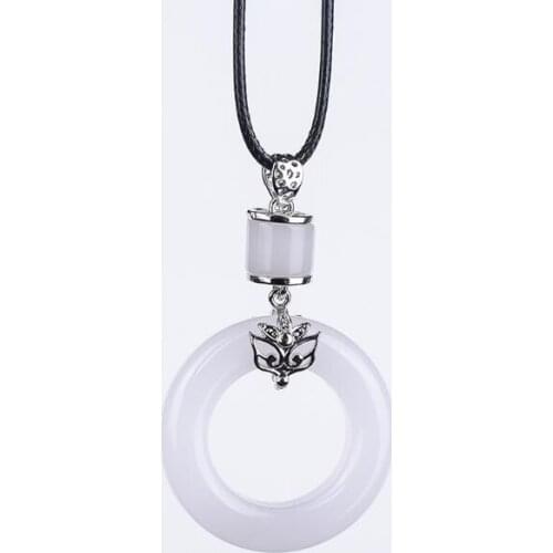 Natural Xinjiang White Jade 925 Silver-inlaid Ping'an Ring Womens Necklace and Mens Pendant