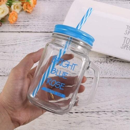 450ML Drinking Glass Set Mason Drinking Jar Mugs with Handle and Straws