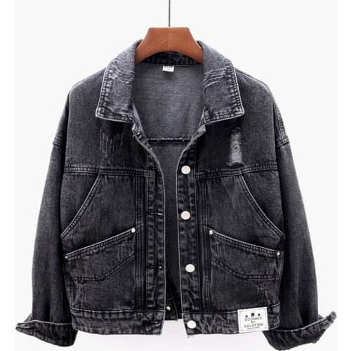 Vintage Big Pocket Frayed Black Denim Jacket Women Coat Streetwear Autumn Korean Loose Short Jeans Jacket Female Chaqueta Mujer