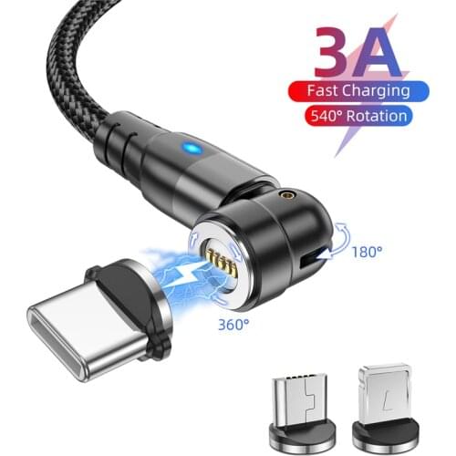 540 Rotate Magnetic Micro Type C Data Wire Cord 3A Fast Charging Cable For iPhone Samsung Magnet Charge USBC Nylon Phone Cable
