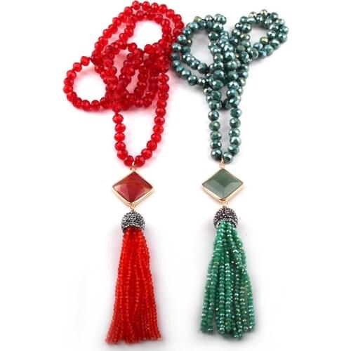 Fashion Bohemian Jewelry Red/Green Glass Crystal Knotted Crystal Tassel Necklaces For Women Ethnic Necklace