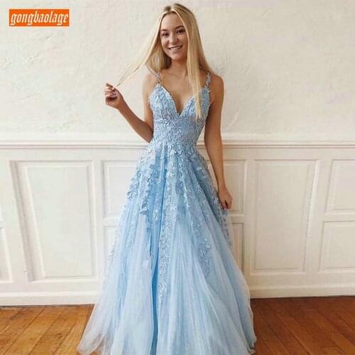 Fashion Boho Sky Blue V Neck Evening Dresses Long Spaghetti Straps Applique Formal Party Dress Prom Tulle A Line Evening Gowns