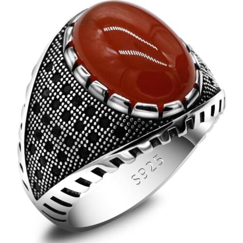 Turkey Jewelry Men Ring with Red Natural Agate Stone 925 Sterling Silver Punk Style Vintage CZ Stone Men Rings for Women Male