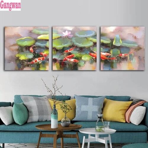 Diy diamond painting koi fish lotus graph rhinestone mosaic cross stitch 3 pcs abstract art 5d embroidery kits full square round