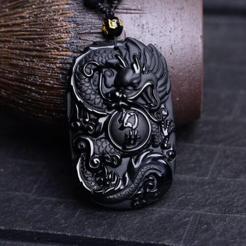 Natural Obsidian Hand carved Dragon Pendant Jewelry Lucky to ward off Evil Auspicious Amulet Pendant Jade Fine Jewelry