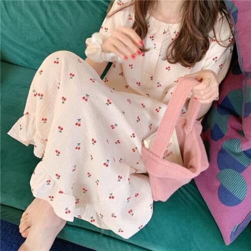 QWEEK Cotton Night Dress Women Korean Sleepwear Cherry Print Nightwear White Long One-piece Dress Gown Summer Nightgown for Girl