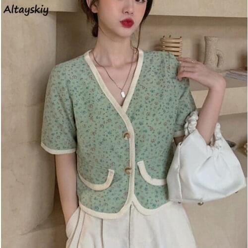 Women Shirts Floral Single Breasted V-neck Gentle Elegant Teens Trendy Cropped Ulzzang Retro Blouses Casual All-match Streetwear