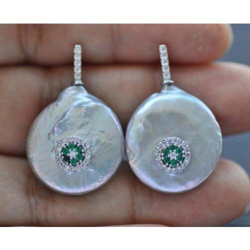 Z10036 22mm Gray Coin Pearl Emerald CZ Dangle Earring