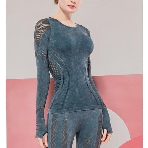 Seamless Women Yoga Top Long Sleeve Sports Shirt Sexy Hollow out Round Collar Running Fitness Top Slim Elastic Yoga Sports Shirt