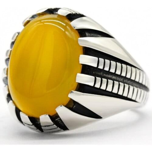 Yellow Agate Stone Ring for Men 925 Sterling Silver Punk Paw Desgin Natural Gemstone Rings Vintage Turkish Handmade Jewelry Gift