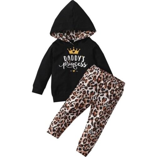 1-4 Years Girls Leopard Clothes Set Letter Print Long Sleeve Hooded Tops Leopard Print Trousers Set Girls Spring Fall Outfits