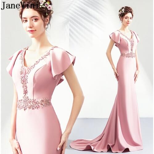 JaneVini 2019 Elegant Mermaid Pink Bridesmaid Dresses Ruffles V Neck Beaded Backless Satin Dress Sweep Train Formal Prom Gowns