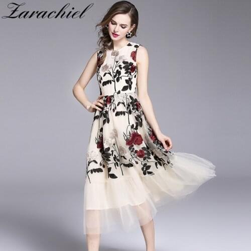 Floral Embroidery Mesh Dress Women Summer Sleeveless Princess Dress Runway Longue Tank Casual Party Long Dresses