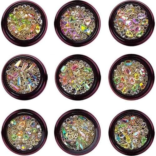 1 Jar Mixed 3D Colorful Nail Art Rhinestones Gems Jewelry Shiny Beads Metal Frame Steel Ball Crystal Charm Glass Decorations Q#5