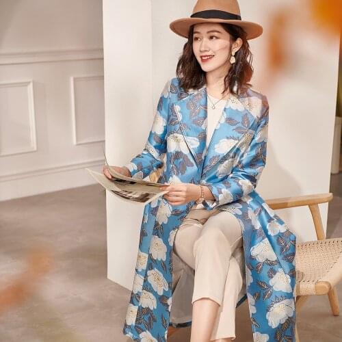 2021 Spring Fall Fashion Womens Clothing Blue Dobby Floral Pattern Trench Coat , Woman Casual 3xl Windbreaker Coats