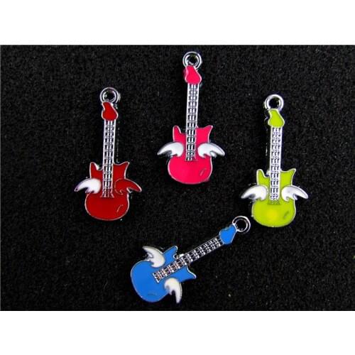 AE577 Mix Color 20Pcs Alloy Metal Enamel Guitar Charms Pendants 31x16mm