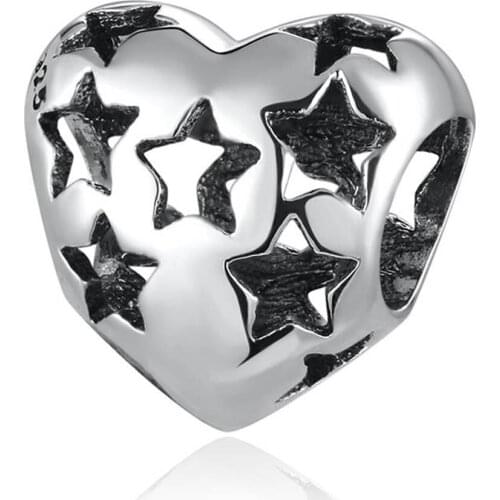 Authentic S925 Beads fit Lady Bracelet Bangle Openwork Hollow Starry Heart Charms For Women DIY Jewelry Making