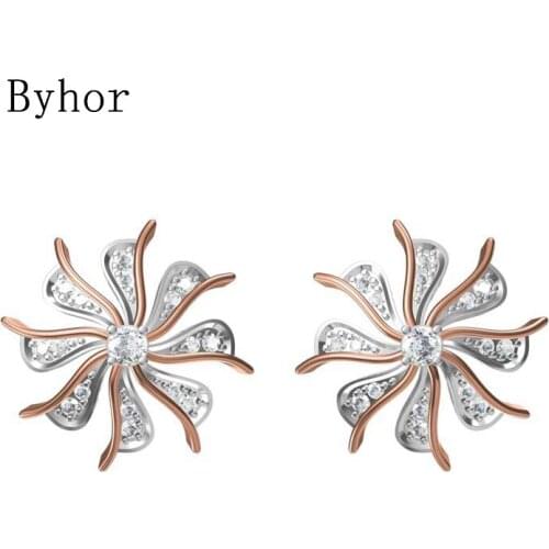 Byhor Solid 14K White/Yellow+White/Rose+White Gold 0.62ct Diamonds Stud Earrings windmill Wedding Women Cерьги Fine Jewelry