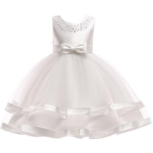 Pudcoco Kids Formal Dress Little Girls Beads Bowknot Round Collar Sleeveless One-Piece Ball Gown Princess Dress Five Colors