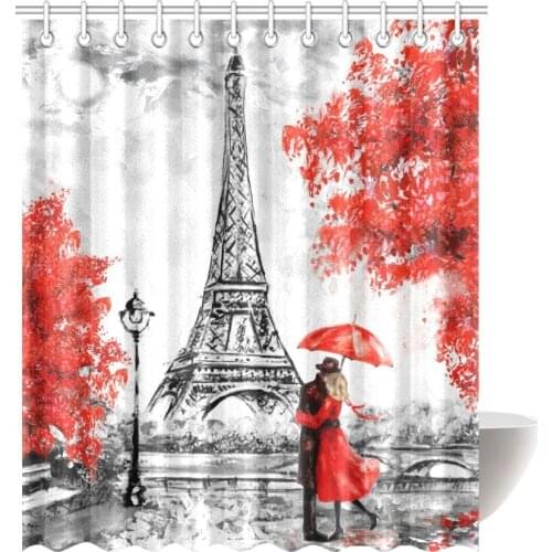 Elegant Paris Tower Couple Red Umbrella Trees Waterproof Polyester Bathroom Shower Curtain