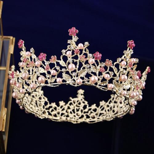European Gold Round Brides Tiaras Crowns Pearls Crystal Baroque Plated Pink Rhinestone Hairbands Wedding Hair Accessories