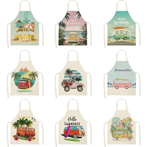 Summer Bus Printing Women Kitchen Aprons Waterproof Cooking oil-proof Cotton Linen Antifouling Chef Apron Cleaning 68*55cm 0152