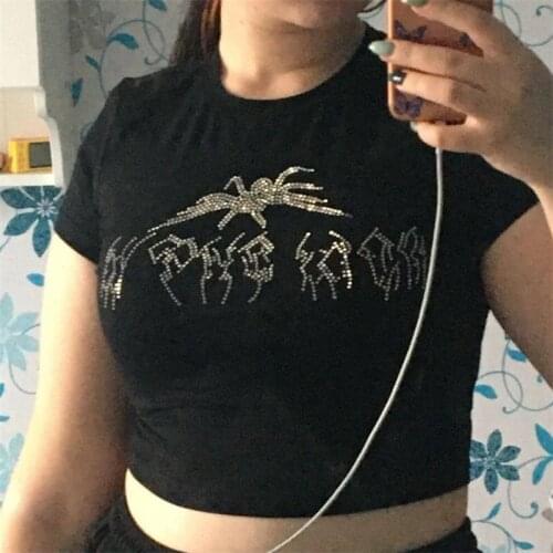 T-shirts Fashion Womens Y2k Black Short Tshirt Tops Harajuku Spider Aesthetic Hip Hop Gothic Graphic Punk Clothes Dropshipping