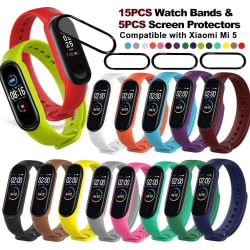 Gosear 5/10/15PCS Assorted Colors Soft TPE Watch Band Wristband Bracelets Strap with Hard Screen Protectors for Xiaomi Mi Band 5
