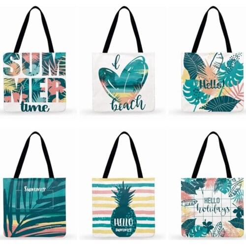 Hello Summer Art Printed Tote Bag For Women Casual Tote Ladies Shoulder Bag Foldable Shopping Bag Reusable Outdoor Beach Bags