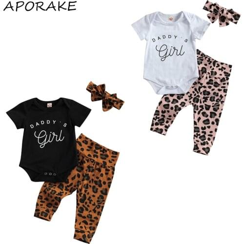 2021 0-18M Cute Baby Girl Clothing DADDY GIRL Letter Print Short Sleeve Romper Top+Leopard Harem Pants+Headband Summer 3pcs Set