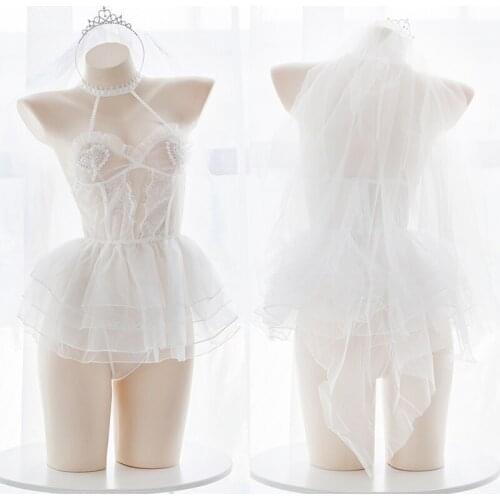 Japanese Angel Ballet Girl Lace See-through Underwear Set Sexy Lolita Cospaly Wedding Short Dress Set Mesh White Lingerie Set