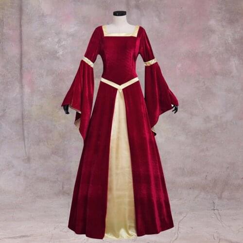 Cosplaydiy Custom Made Medieval Velet Red &Yellow Trampet Sleeves Dress Adult Fancy Halloween Party Dress