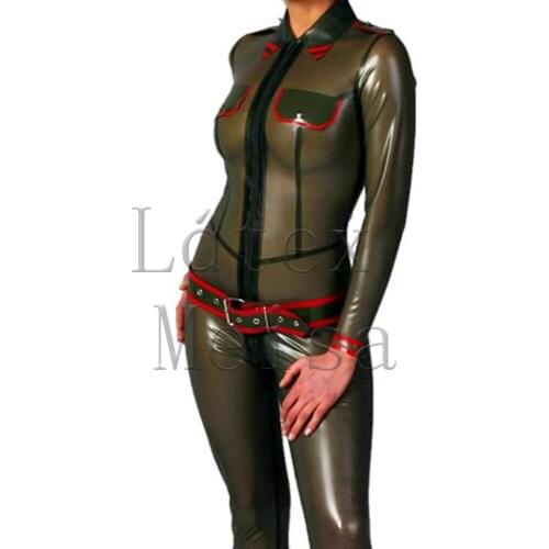Handmade Military uniform latex catsuit with belt decoration in army green color for women