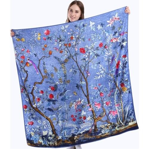 Fashion brand kalana New autumn sunscreen silk scarf flower bird bush print 130cm lady twill silk big square scarf shawl scarf