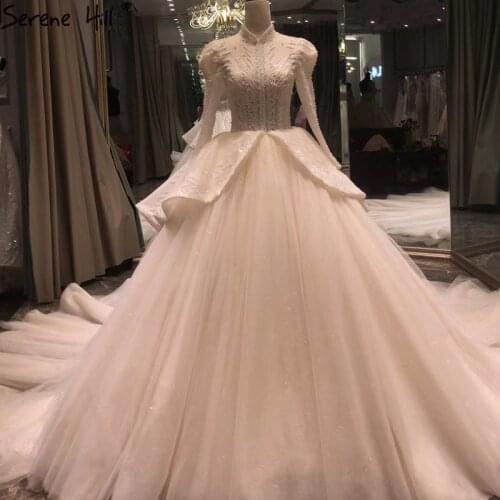 Muslim Ivory Long Sleeve High-end Wedding Dresses 2020 High Collar Sparkle Vintage Bride Gown HA2370 Custom Made