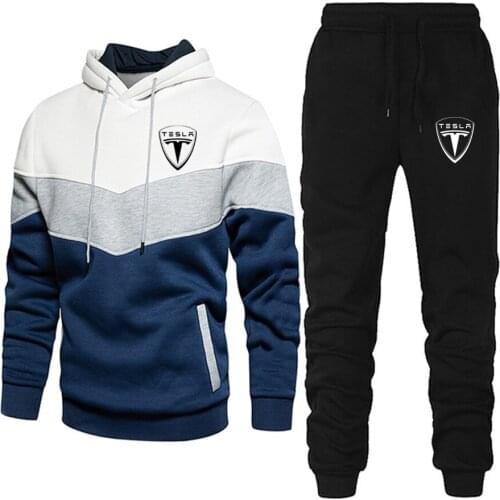 2021 New Men Printed Spring And Autumn Tesla Logo New Harajuku Three-Color Stitching Casual Jacket + Pants Hoodie Tracksuit