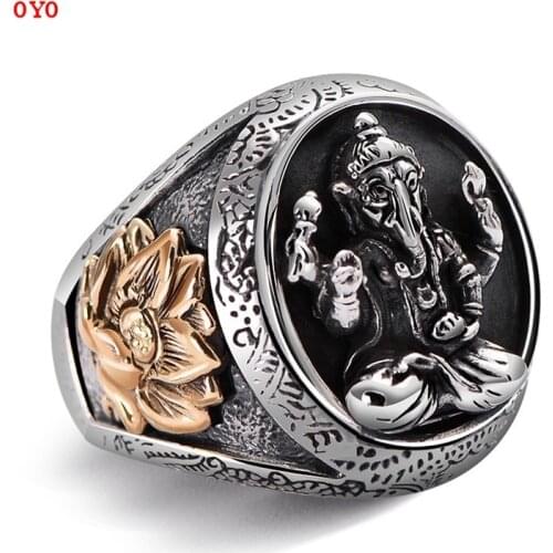 100%925 sterling silver jewelry Thai silver elephant nose Fortuna Lotus mens lucky ring
