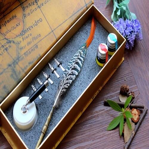 Natural Feather Antique Dip Pen Set with 1 Pen Holder 1 Gift Box 2 inks and 5 Nibs