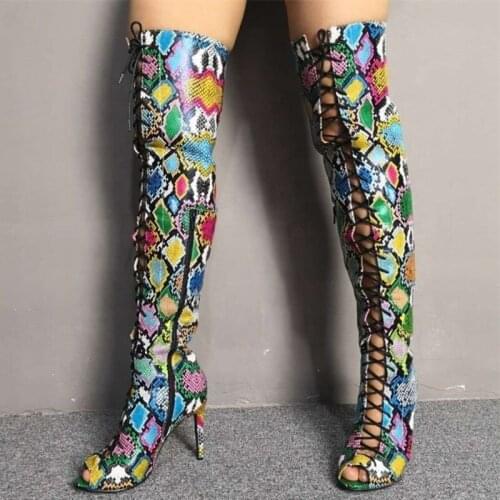 New Look Made In China Shoes Boots Peep Toe Snakeskin Lace Up Over The Knee Long Thigh High Boots Customized Big Size 47