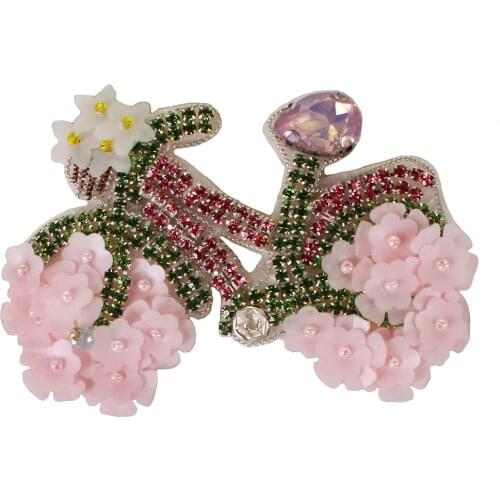 Handmade Beaded Pink Bicycle Patches Flower Sew on Sequined Badge for Hairband Clothes Applique 5 pieces