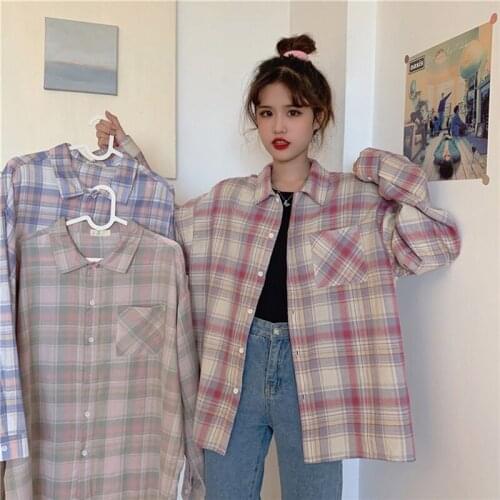 Autumn new product plaid long-sleeved shirt female jacket loose retro sweet and lovely temperament blouse female