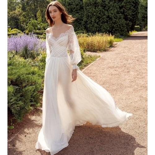 Boho Lace Chiffon Wedding Dress 2021 Long Puff Sleeves Bohemian Bridal Gown High Split Beach Robe De Mariee Elegant Romantic New